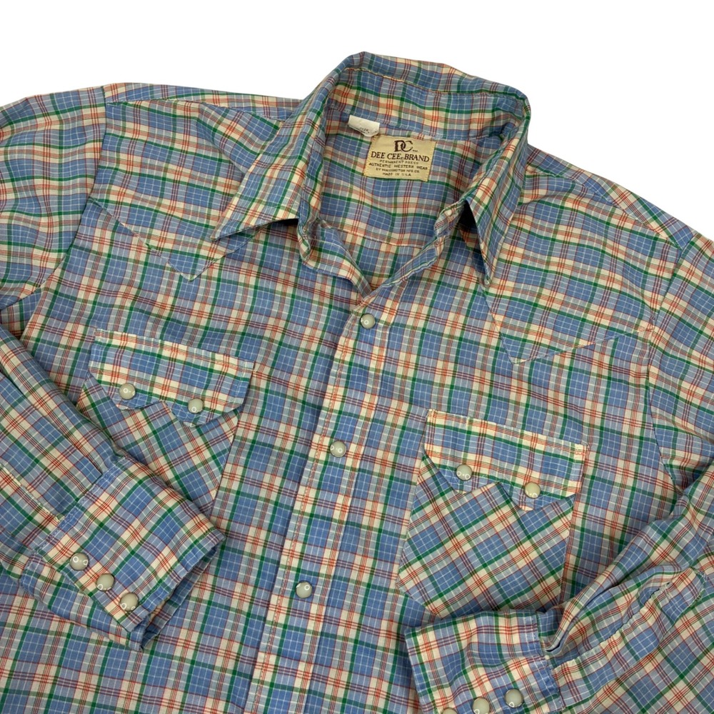 Dee Cee Brand Western Shirt Mens 15.5 Blue Green Plaid Pearl Snap Vintage USA